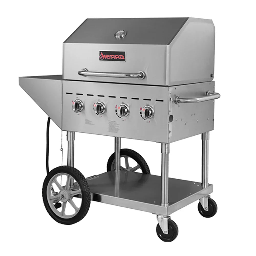 Sierra Range 49" Mobile Commercial Outdoor Gas Grill w/ Roll Dome & Side Shelf, Liquid Propane SRBQ-30 | SKU: RNG-SRBQ-30
