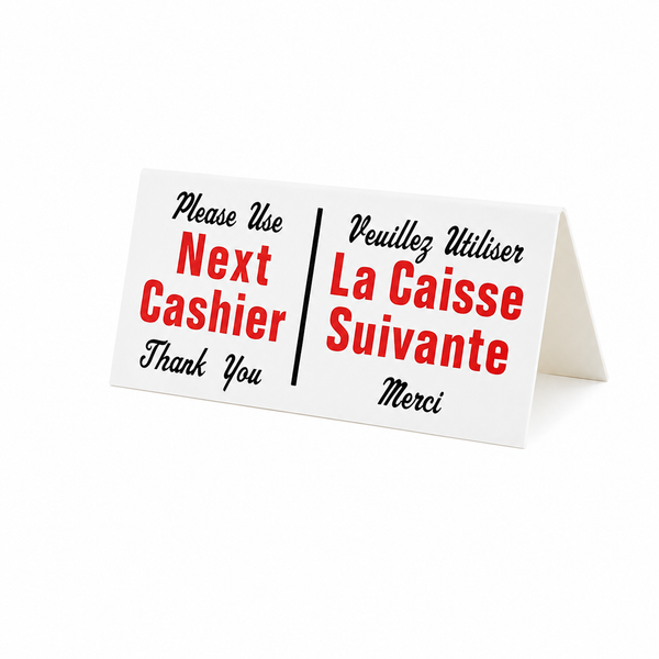 Checkout next cashier sign, bilingual