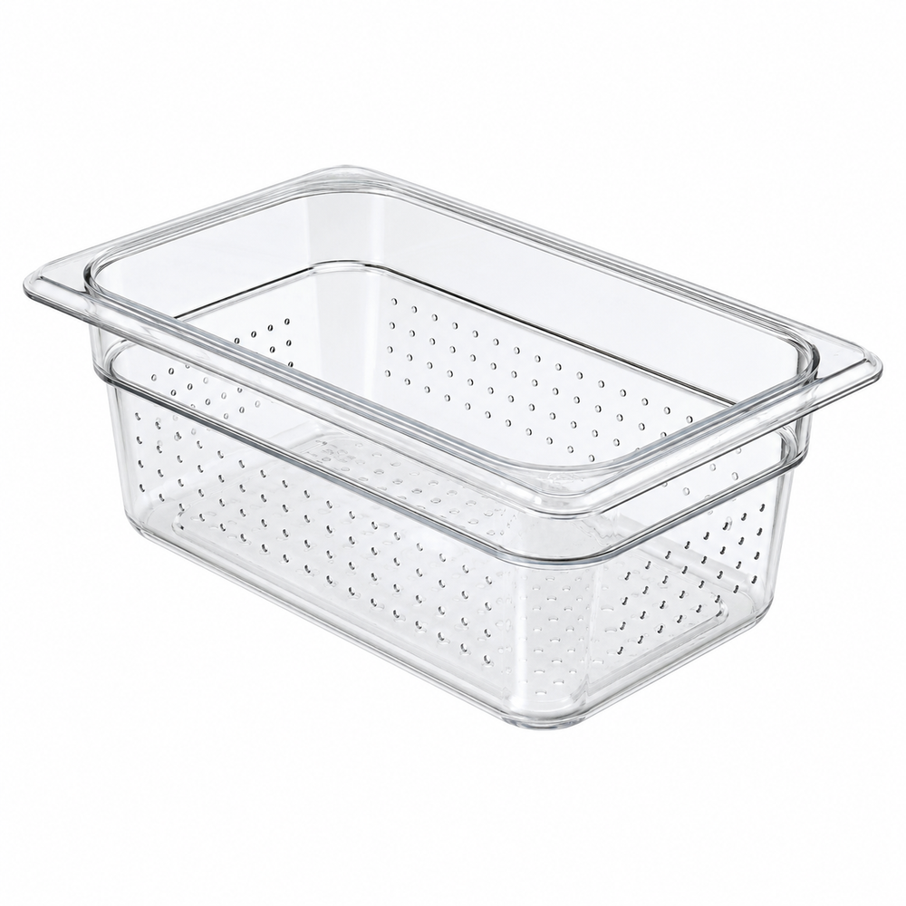 Food pan, polycarbonate, 6.9375 x 10.075 x 3 in, transparent, perforated