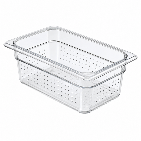 Food pan, polycarbonate, 6.9375 x 10.075 x 3 in, transparent, perforated