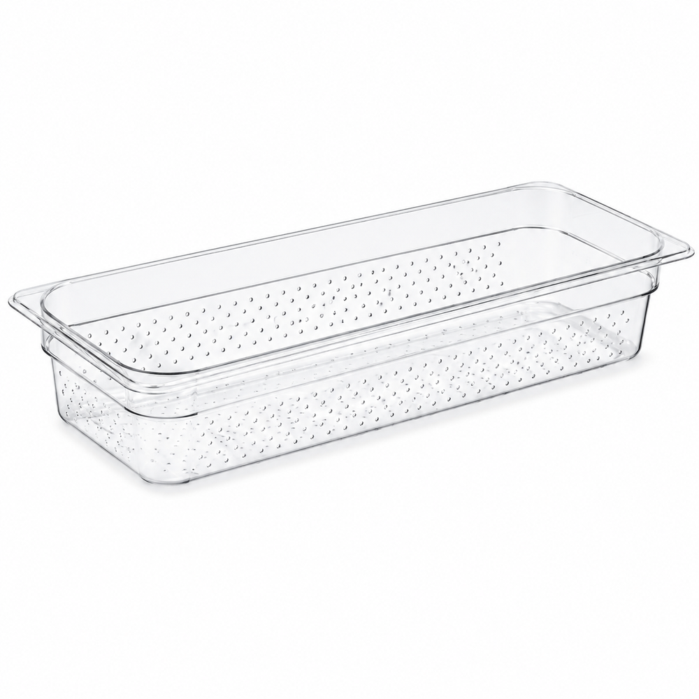 Food pan, polycarbonate, 6.375 x 20.875 x 4 in, transparent, 1/2 size long, drain