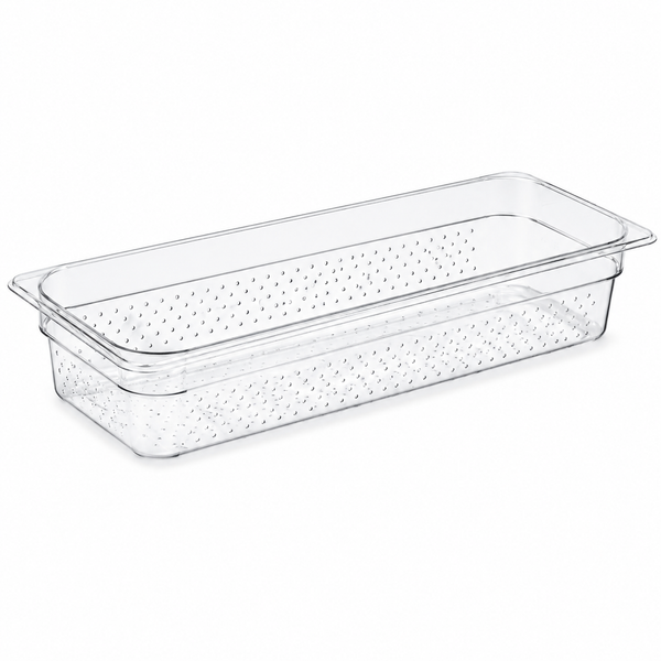 Food pan, polycarbonate, 6.375 x 20.875 x 4 in, transparent, 1/2 size long, drain
