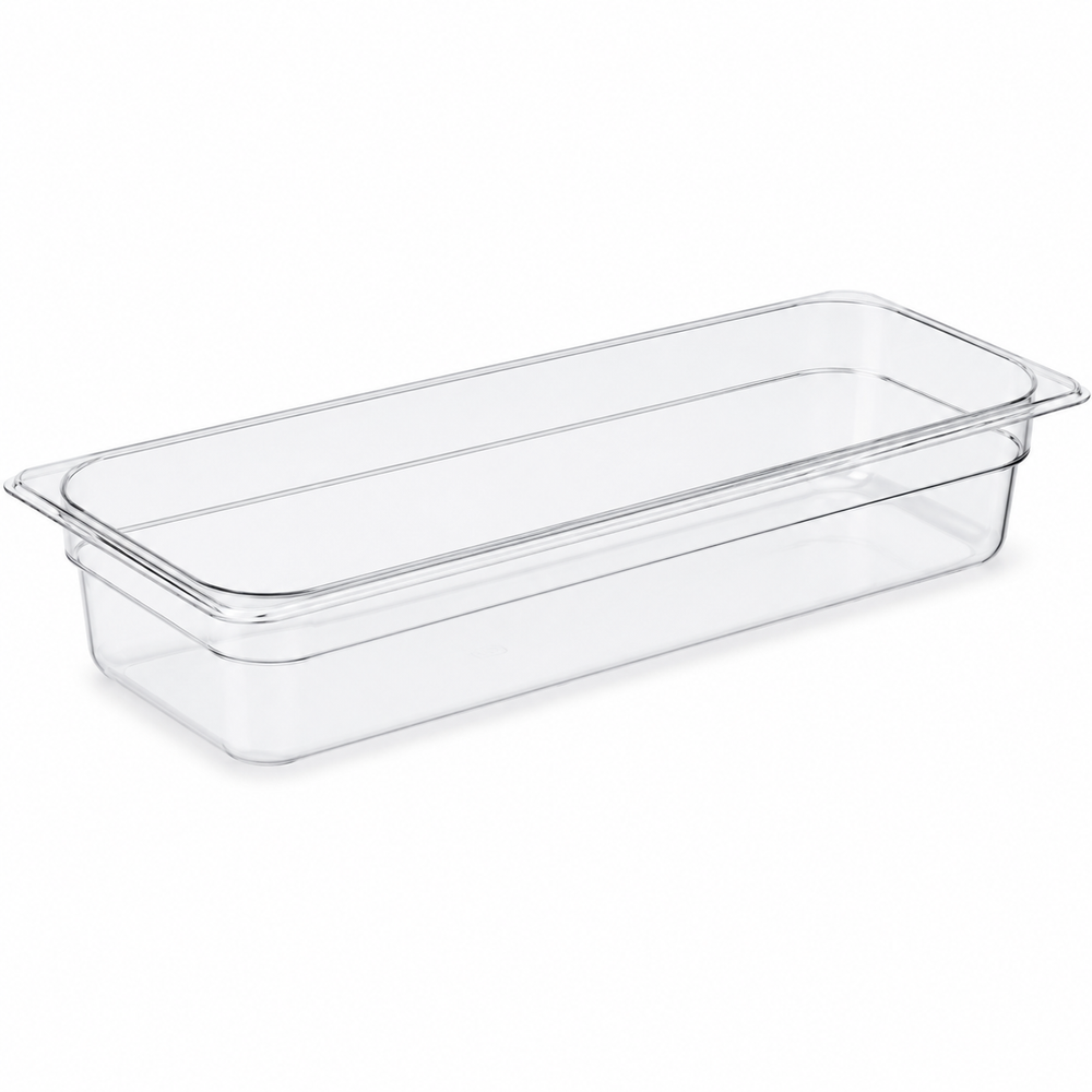 Food pan, polycarbonate, 6.375 x 20.875 x 4 in, clear, 1/2 size long