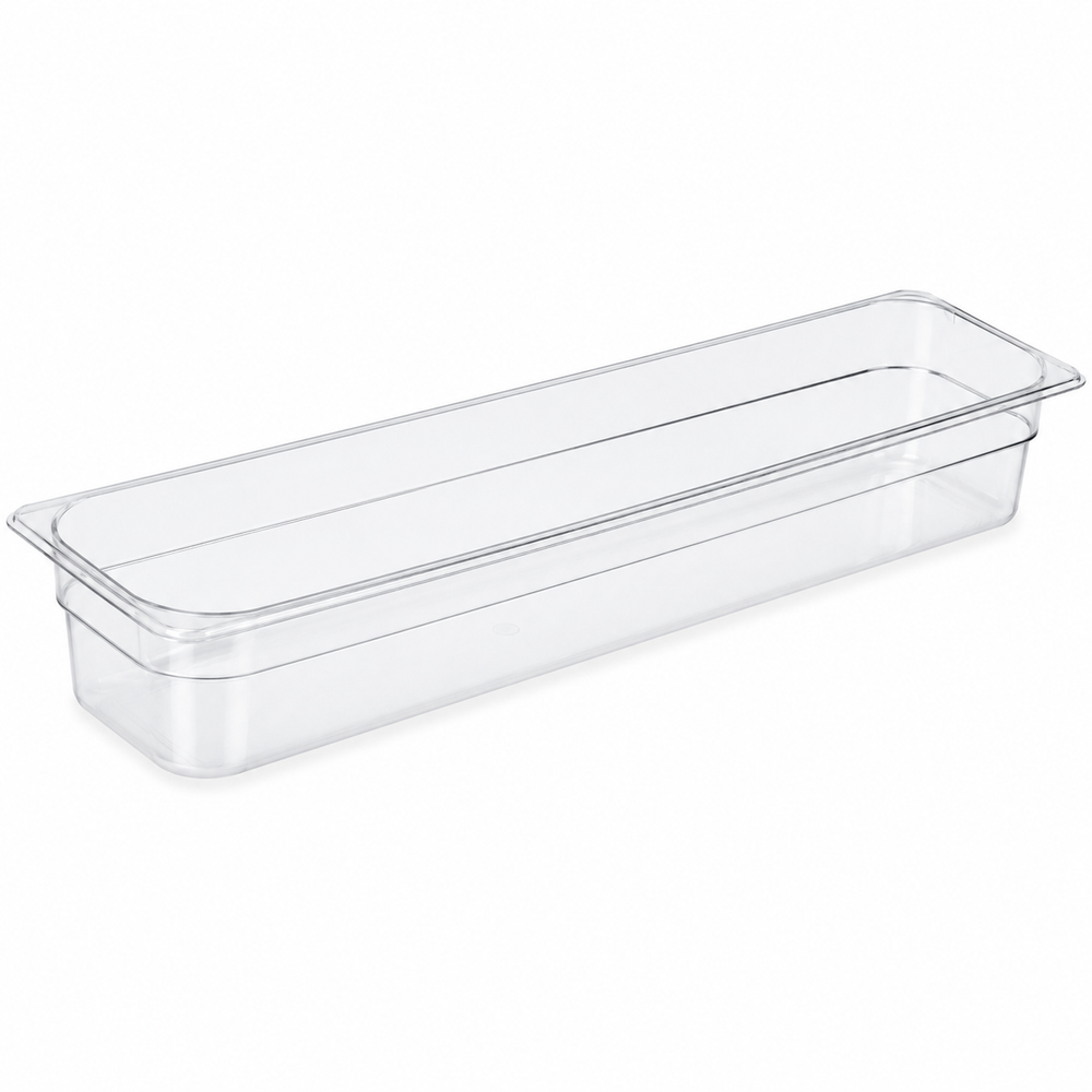 Food pan, 1/2 size long, polycarbonate, clear, 6-3/8 x 20-7/8 x 4 in deep, with drain