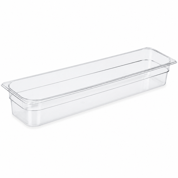 Food pan, 1/2 size long, polycarbonate, clear, 6-3/8 x 20-7/8 x 4 in deep, with drain