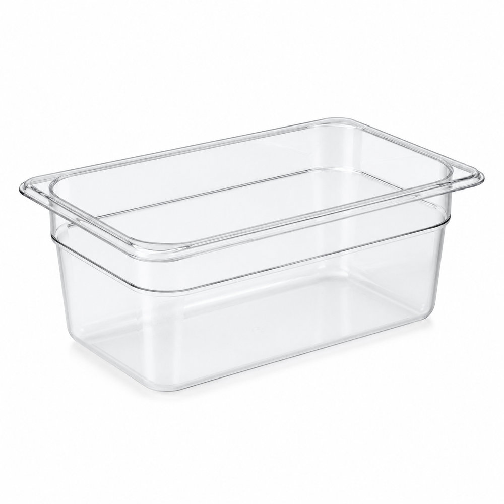 Food pan, 1/2 size, 6 in deep, clear polycarbonate