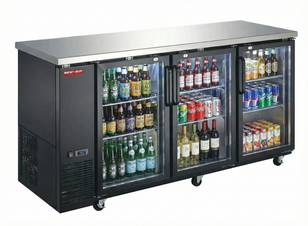 New Air - 72" Black Glass Door Back Bar Cooler - NBB-72-SG-N | SKU: CLR-NBB-72-SG-N